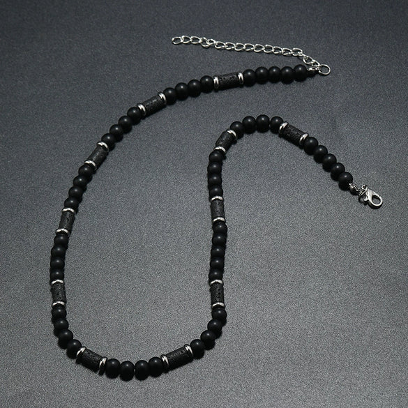 Men's Handmade Natural Stone Beaded Necklace With Geometric Style And Alloy Pendant
