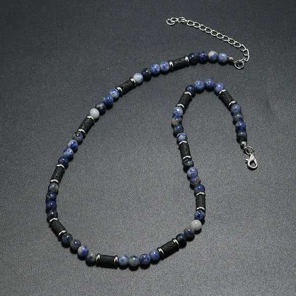 Men's Handmade Natural Stone Beaded Necklace With Geometric Style And Alloy Pendant