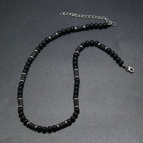 Men's Handmade Natural Stone Beaded Necklace With Geometric Style And Alloy Pendant
