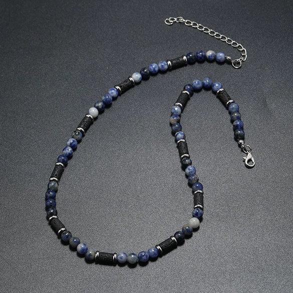 Men's Handmade Natural Stone Beaded Necklace With Geometric Style And Alloy Pendant
