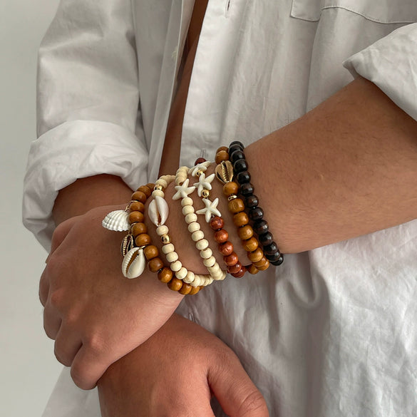Men's Handmade Wood Beaded Geometric Bracelets With Shell And Starfish