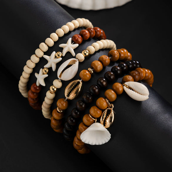 Men's Handmade Wood Beaded Geometric Bracelets With Shell And Starfish