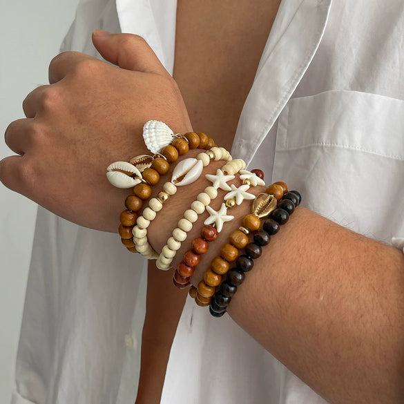 Men's Handmade Wood Beaded Geometric Bracelets With Shell And Starfish