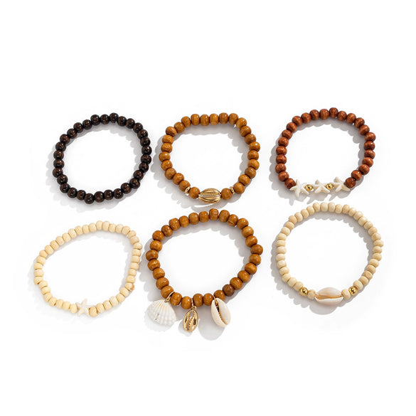 Men's Handmade Wood Beaded Geometric Bracelets With Shell And Starfish