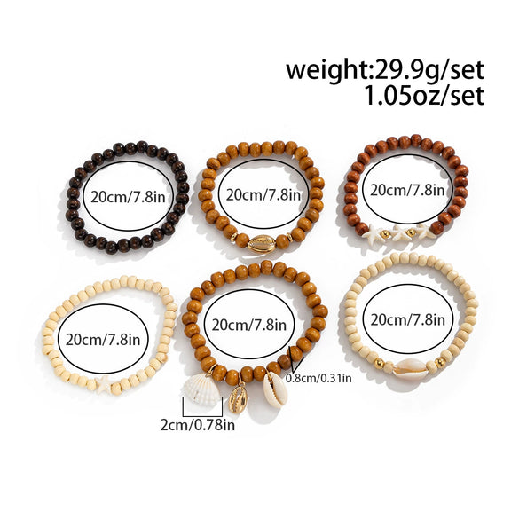 Men's Handmade Wood Beaded Geometric Bracelets With Shell And Starfish