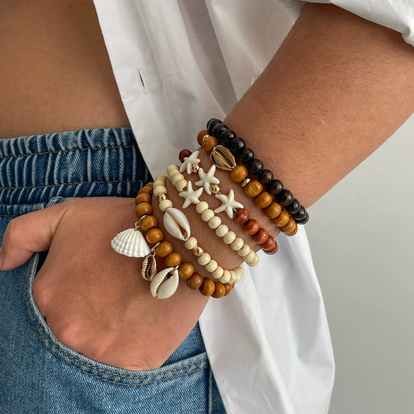 Men's Handmade Wood Beaded Geometric Bracelets With Shell And Starfish