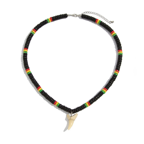 Men's Handmade Wooden Bead Necklace With Geometric Pattern And Shark Tooth Pendant For Summer Surfer Style