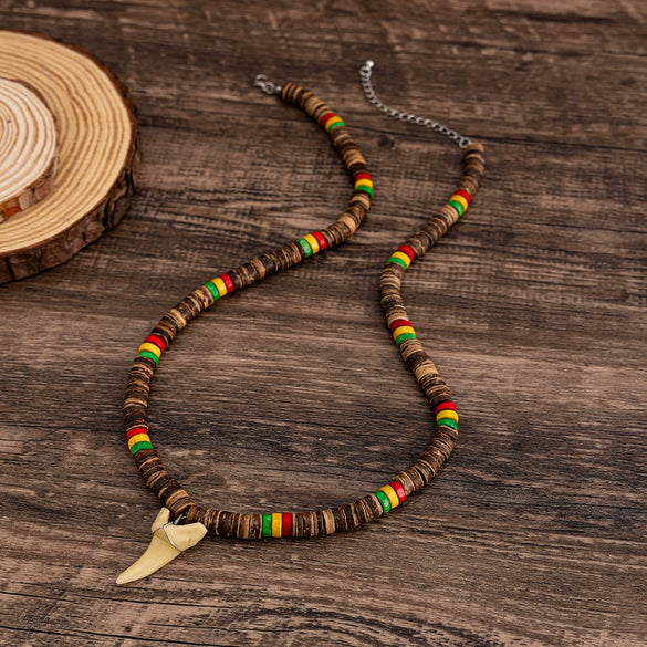 Men's Handmade Wooden Bead Necklace With Geometric Pattern And Shark Tooth Pendant For Summer Surfer Style