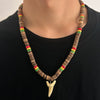 Men's Handmade Wooden Bead Necklace With Geometric Pattern And Shark Tooth Pendant For Summer Surfer Style