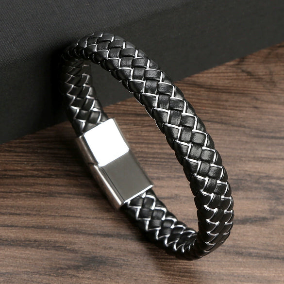 Men's Handwoven Alloy Leather Bracelet With Geometric Pattern And Magnet Buckle Handmade Jewelry