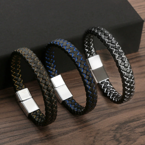 Men's Handwoven Alloy Leather Bracelet With Geometric Pattern And Magnet Buckle Handmade Jewelry