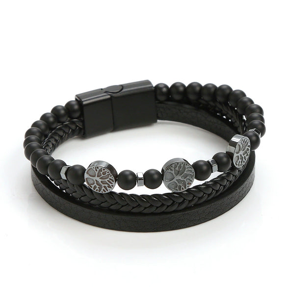 Men's Handwoven Natural Stone And Leather Bracelet With Alloy Buckle Geometric Pattern Magnetic Material Tree Of Life Style
