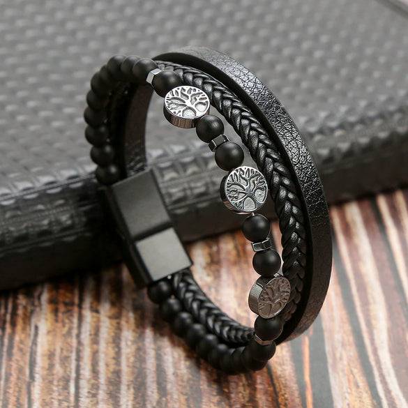 Men's Handwoven Natural Stone And Leather Bracelet With Alloy Buckle Geometric Pattern Magnetic Material Tree Of Life Style