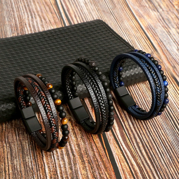 Men's Handwoven Natural Stone Tiger Eye Stone Beaded Bracelet With Geometric Style And Zinc Alloy Buckle