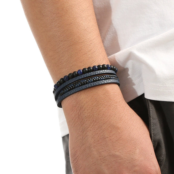 Men's Handwoven Natural Stone Tiger Eye Stone Beaded Bracelet With Geometric Style And Zinc Alloy Buckle