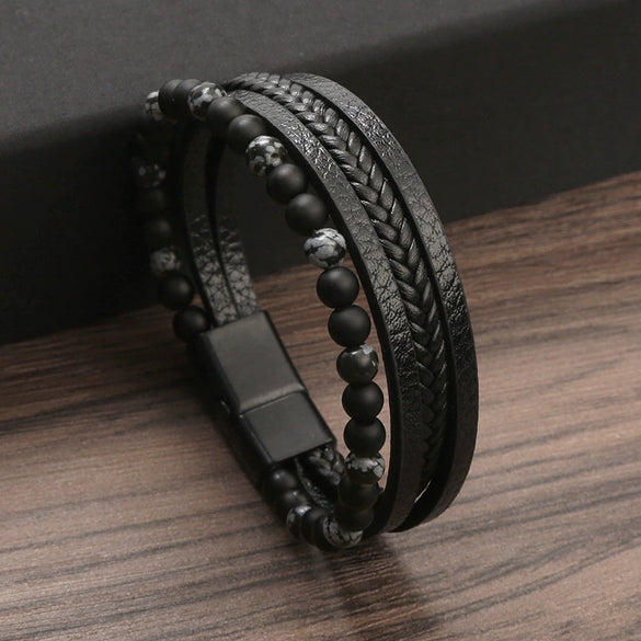 Men's Handwoven Natural Stone Tiger Eye Stone Beaded Bracelet With Geometric Style And Zinc Alloy Buckle