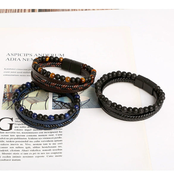 Men's Handwoven Natural Stone Tiger Eye Stone Beaded Bracelet With Geometric Style And Zinc Alloy Buckle