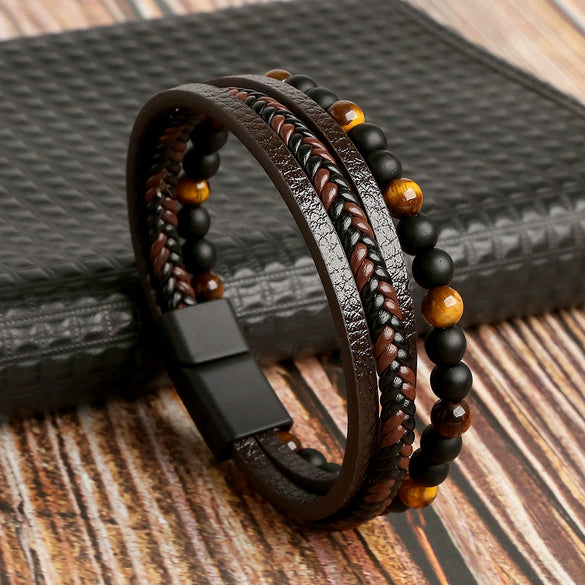 Men's Handwoven Natural Stone Tiger Eye Stone Beaded Bracelet With Geometric Style And Zinc Alloy Buckle