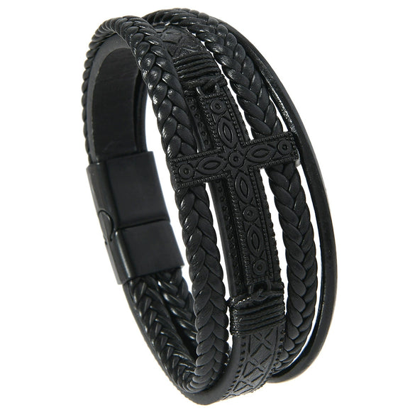 Men's Handwoven Retro Alloy Cross Leather Bracelet With Magnetic Buckle