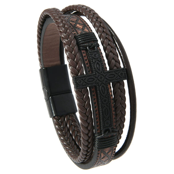 Men's Handwoven Retro Alloy Cross Leather Bracelet With Magnetic Buckle