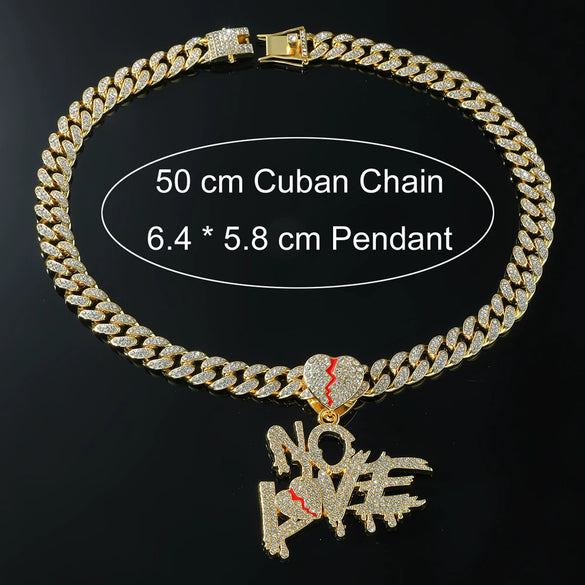Men's Hip Hop Alloy Cuban Chain With Rhinestone Heartbreak Letter Pendant And Geometric Design