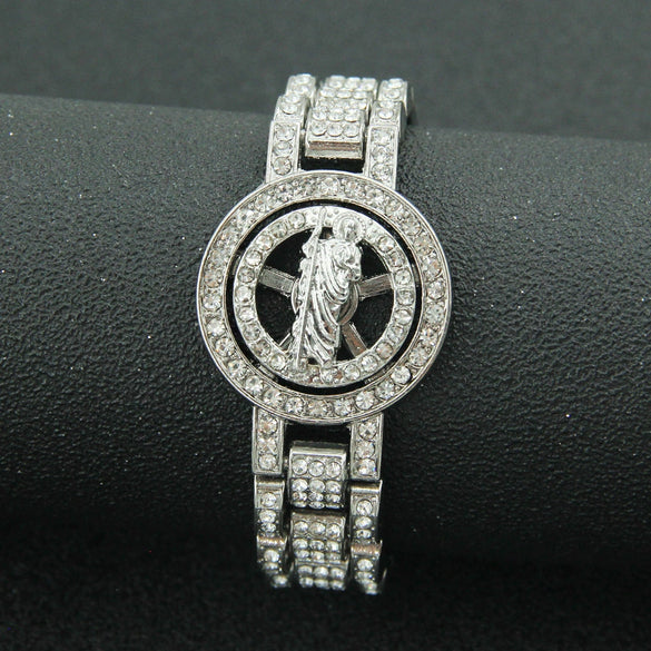 Men's Hip Hop Cool Alloy Rotatable Portrait Watch With Diamond And Geometric Style Bracelet