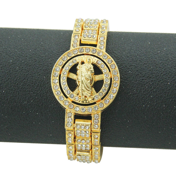Men's Hip Hop Cool Alloy Rotatable Portrait Watch With Diamond And Geometric Style Bracelet