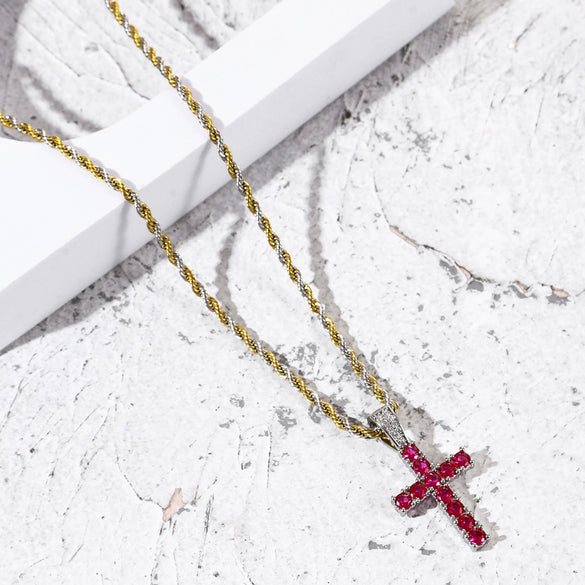 Men's Hip Hop Copper Cross Necklace With Zircon Pendants And Electroplating Treatment