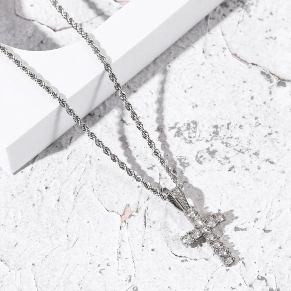 Men's Hip Hop Copper Cross Necklace With Zircon Pendants And Electroplating Treatment