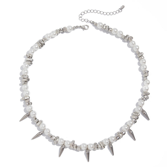Men's Hip Hop Imitation Pearl Stainless Steel Alloy Rivet Handmade Geometric Clavicle Chain Necklace