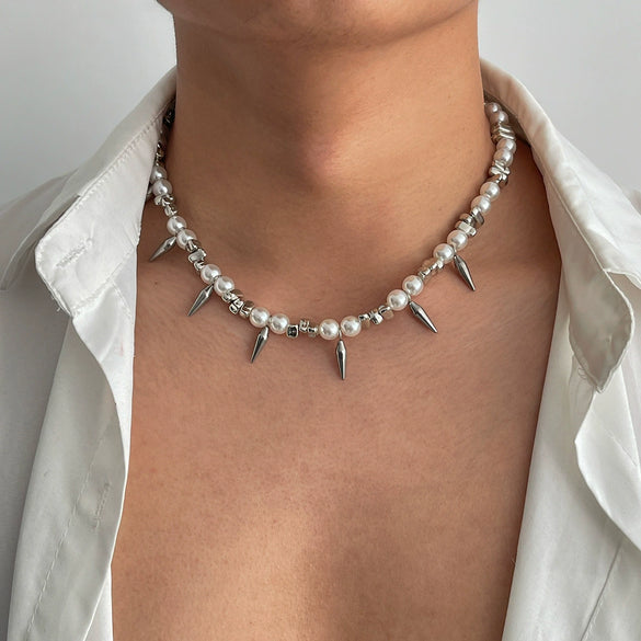 Men's Hip Hop Imitation Pearl Stainless Steel Alloy Rivet Handmade Geometric Clavicle Chain Necklace