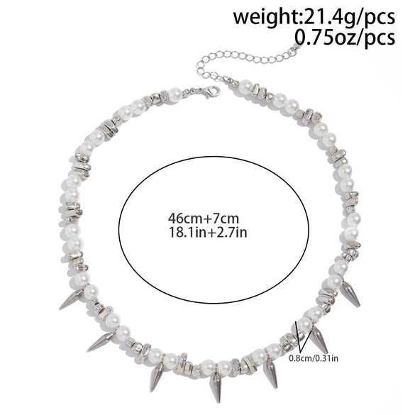 Men's Hip Hop Imitation Pearl Stainless Steel Alloy Rivet Handmade Geometric Clavicle Chain Necklace