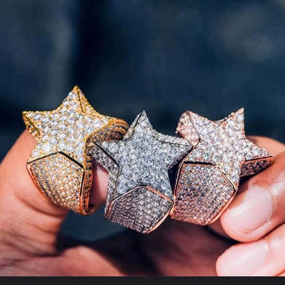 Men's Hip Hop Metal Fivepointed Star Ring With Micro Inlaid Zircon And Electroplating