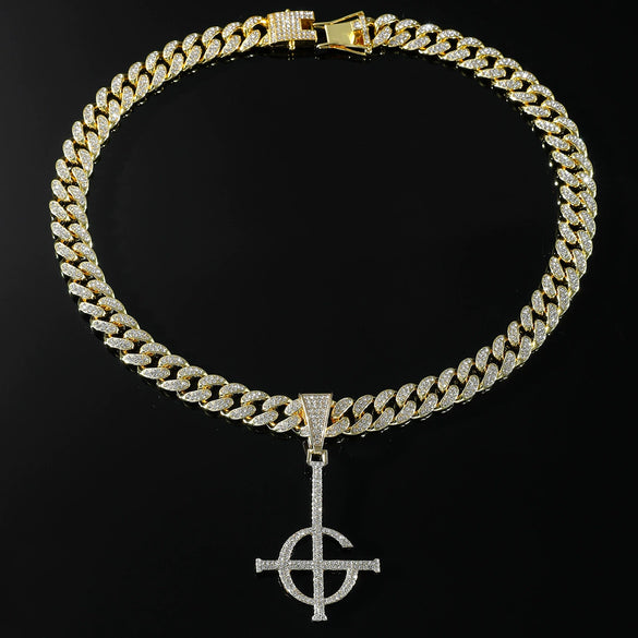Men's Hip Hop Punk Alloy Necklace With Diamond Ghost Cross Pendant And Cuban Chain Geometric Design