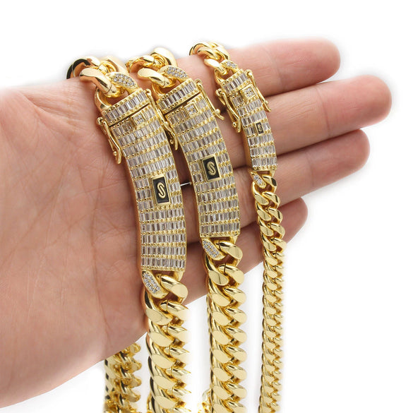 Men's Hip Hop Stainless Steel Cuban Chain Jewelry With Geometric Pattern Buckle And Zircon Polished And Electroplated