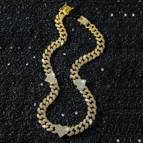 Men's Hip Hop Style Alloy Cuban Chain With Diamond And Peach Heart Design Necklace