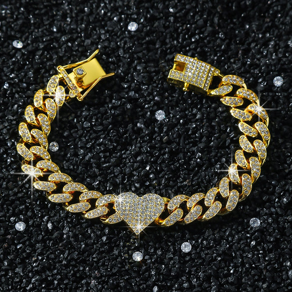 Men's Hip Hop Style Alloy Cuban Chain With Diamond And Peach Heart Design Necklace