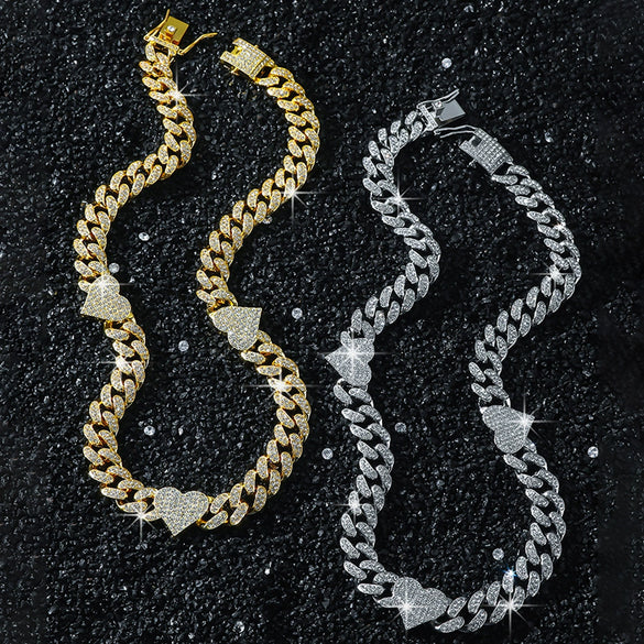 Men's Hip Hop Style Alloy Cuban Chain With Diamond And Peach Heart Design Necklace