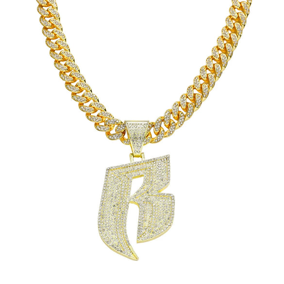 Men's Hip Hop Style Alloy Pendant Necklace With Rhinestone And Letter B Design Cuban Chain Accessories