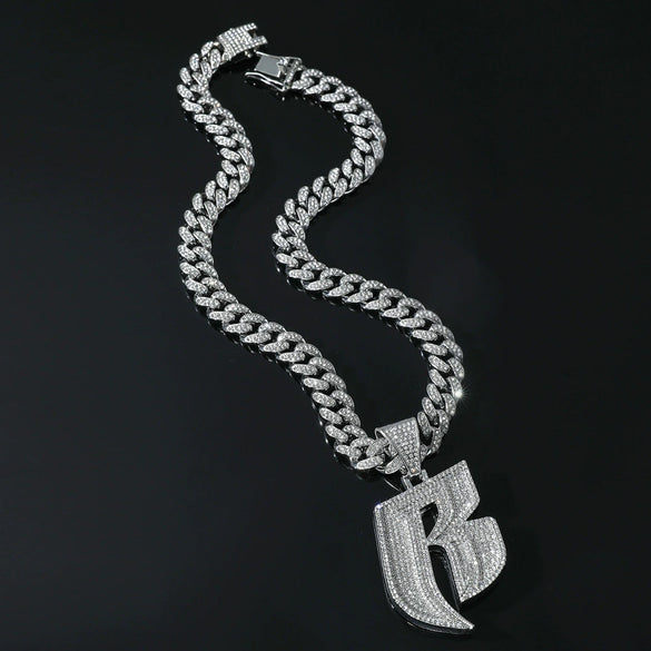 Men's Hip Hop Style Alloy Pendant Necklace With Rhinestone And Letter B Design Cuban Chain Accessories