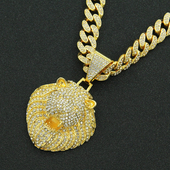 Men's Hip Hop Style Alloy Threedimensional Lion Head Pendant Cuban Chain Necklace With Diamond Design