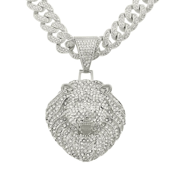 Men's Hip Hop Style Alloy Threedimensional Lion Head Pendant Cuban Chain Necklace With Diamond Design
