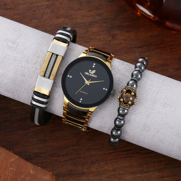 Men's Hip Hop Style Quartz Watch Alloy And Titanium Metal Bracelet 3 Piece Set With Round Dial And Spiral Crown