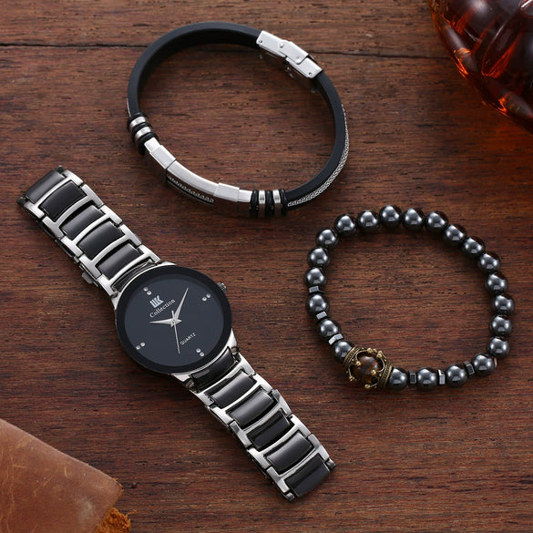 Men's Hip Hop Style Quartz Watch Alloy And Titanium Metal Bracelet 3 Piece Set With Round Dial And Spiral Crown