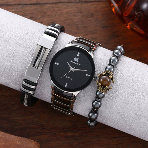 Men's Hip Hop Style Quartz Watch Alloy And Titanium Metal Bracelet 3 Piece Set With Round Dial And Spiral Crown