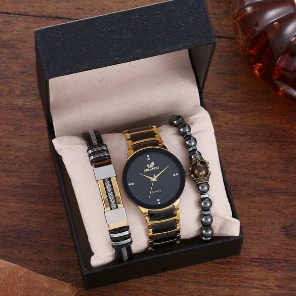 Men's Hip Hop Style Quartz Watch Alloy And Titanium Metal Bracelet 3 Piece Set With Round Dial And Spiral Crown