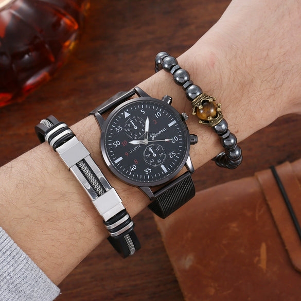 Men's Hip Hop Style Quartz Watch Alloy And Titanium Metal Bracelet 3 Piece Set With Round Dial And Spiral Crown
