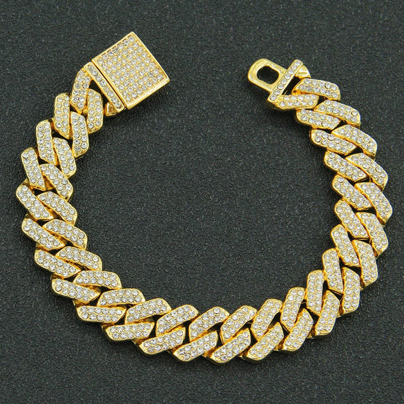 Men's Hiphop Alloy Cuban Chain Bracelet With Geometric Diamond Design