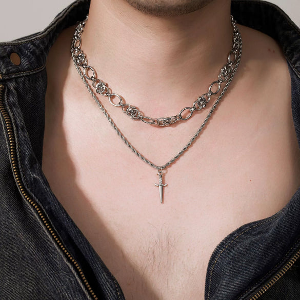 Men's Hiphop Alloy Iron Geometric Handmade Doublelayer Spliced Sword Pendant Layered Necklace