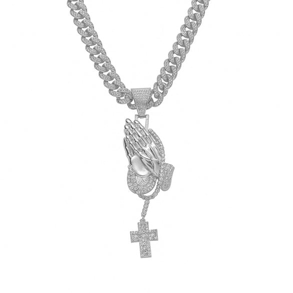 Men's Hiphop Alloy Jewelry With Pray Hand Cross And Geometric Diamond Design Cuban Chain Necklace